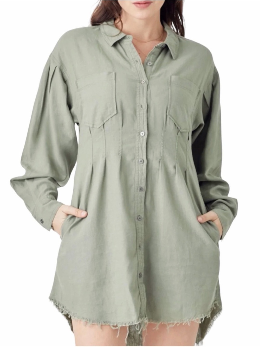 Risen Los Angeles Sage Linen Blend Shirred Sleeve Mini Shirt‎ Dress Medium